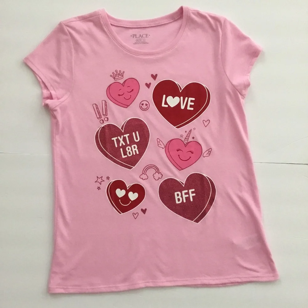 Children’s Place Girls Shirt Pink Candy Hearts Size XL 14